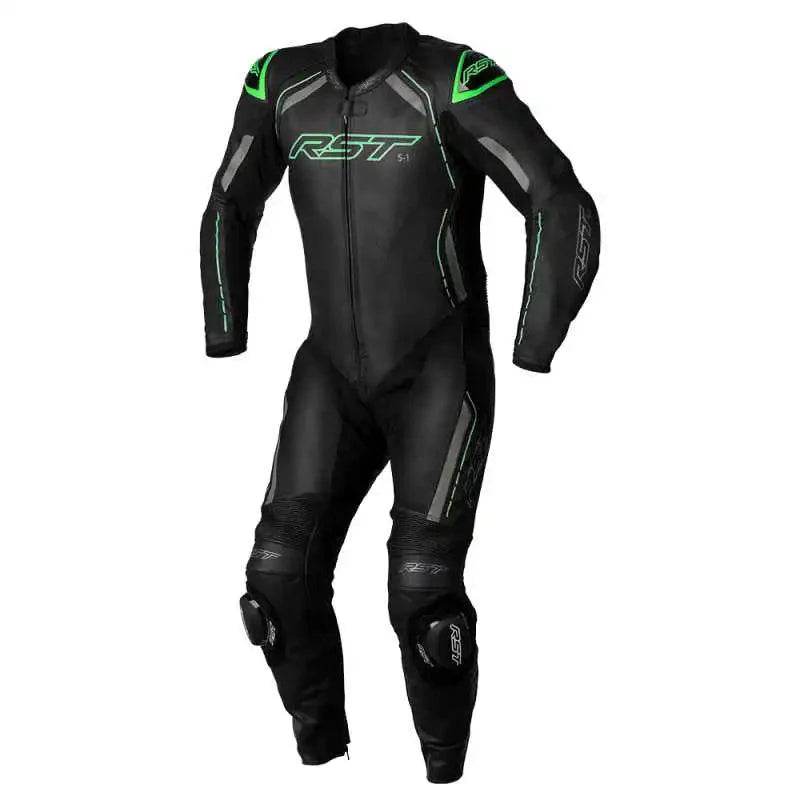 S - 1 CE MENS LEATHER SUIT - BLACK/GREY/NEONGREEN - UK 52 / EUR 62 / INTL 4XL