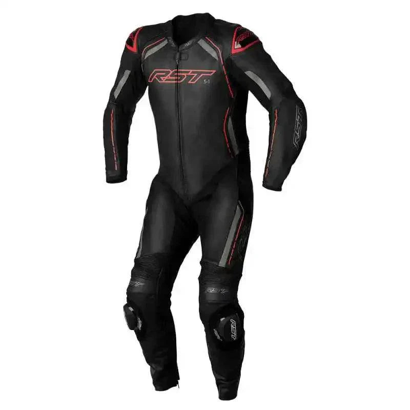 S - 1 CE MENS LEATHER SUIT - BLACK/GREY/RED - UK 52 / EUR 62 / INTL 4XL