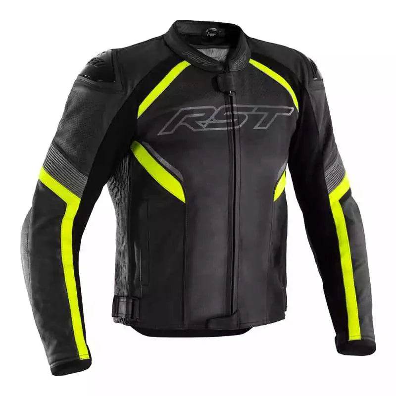 SABRE CE MENS LEATHER JACKET - BLACK/GREY/FLOYELLOW - UK 52 / EUR 62 / INTL 4XL
