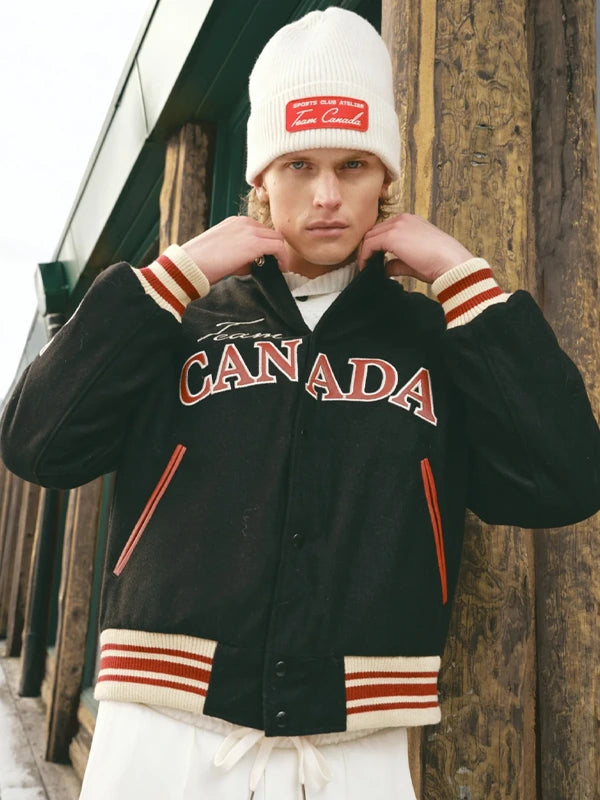SCA x Hockey Canada Leaf & Legacy Varsity Bomber Jacket Bomber Jacket unisex front product view | Dash Racegear — SCA x Hockey Canada Leaf & Legacy Varsity Bomber Jacket with embroidered details, built for fans repping heritage style.