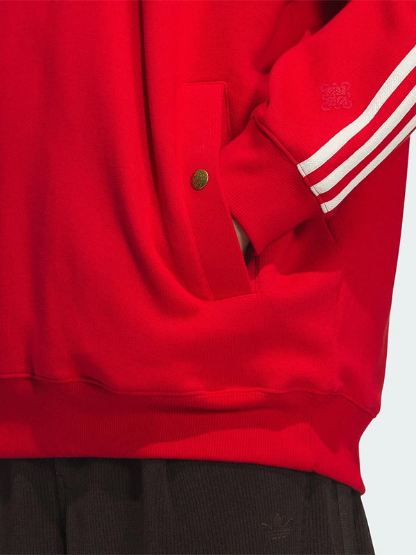 Adidas Chinese New Year SS26 Red Hoodie Hoodie unisex detail view 4 | Dash Racegear — Recreated Adidas Lunar New Year SS26 black pullover fleece hoodie featuring red contrast details and a relaxed profile