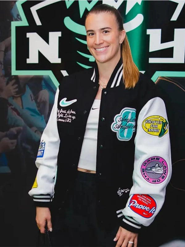 Sabrina Ionescu Nike Any Time Any Where Varsity Jacket Varsity Jacket unisex front product view | Dash Racegear — Nike Sabrina Ionescu New York Liberty varsity jacket blending iconic basketball-inspired design with everyday wearability.