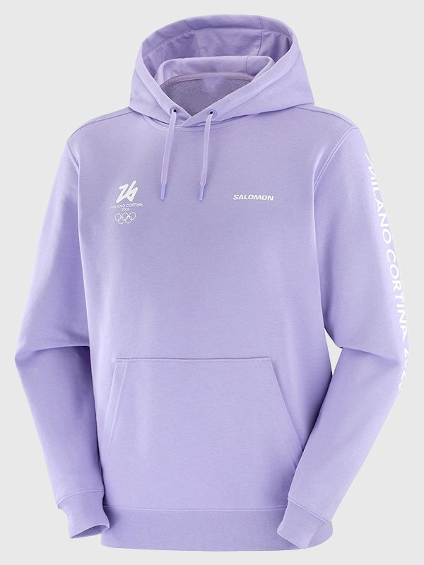 Milano Cortina 2026 Olympics Salomon Logo Graphic Purple Hoodie Hoodie unisex detail view 2 | Dash Racegear — Unisex Milano Cortina 2026 Salomon Hoodie in purple, featuring eye-catching graphics for fans enjoying casual winter outings.