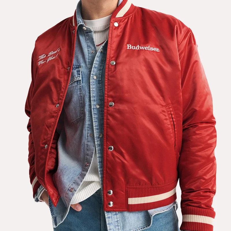 Abercrombie Budweiser Varsity Bomber Jacket Bomber Jacket unisex front product view | Dash Racegear — Abercrombie Budweiser Varsity Bomber Jacket Limited Edition