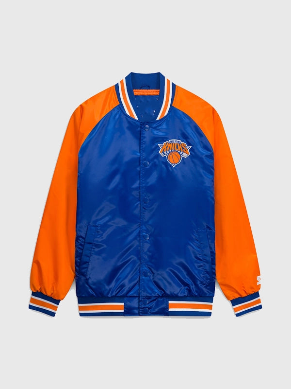 New York Knicks Starter Inductee Varsity Jacket Varsity Jacket unisex detail view 3 | Dash Racegear — Starter Inductee New York Knicks Satin Blue Orange Raglan Full Snap Varsity Jacket celebrating iconic hardwood culture