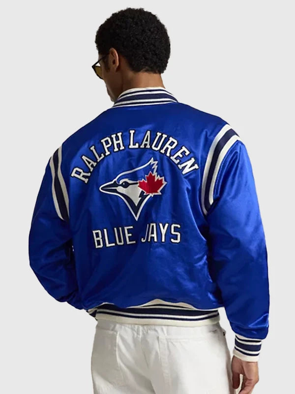 Polo Ralph Lauren Blue Jays Jacket Jacket unisex detail view 3 | Dash Racegear — MLB x Ralph Lauren Blue Jays satin bomber jacket, great for sporty streetwear looks.