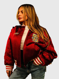 San Diego Padres x Petco Park Satin Jacket Jacket unisex detail view 3 | Dash Racegear — San Diego Padres Petco Park 2026 red satin bomber, lightweight glossy style for casual game-day outfits.