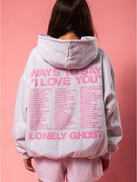 I Love You Say It Back Hoodie Hoodie unisex detail view 2 | Dash Racegear — Women’s Lonely Ghost Ways To Say I Love You Say It Back hoodie in grey, soft fleece oversized design for chilly days.