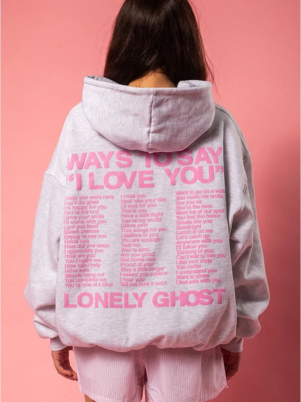 I Love You Say It Back Hoodie Hoodie unisex detail view 2 | Dash Racegear — Women’s Lonely Ghost Ways To Say I Love You Say It Back hoodie in grey, soft fleece oversized design for chilly days.