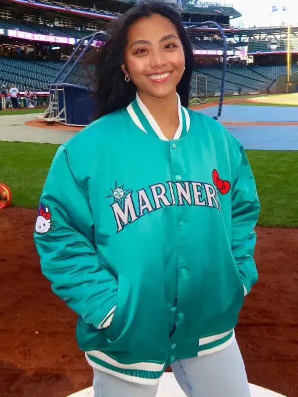 Mariners Hello Kitty Jacket Jacket unisex detail view 3 | Dash Racegear — Seattle Mariners Hello Kitty green jacket, built by Michelle Villafuerte for playful streetwear.