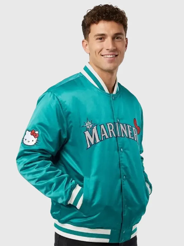 Mariners Hello Kitty Jacket Jacket unisex detail view 2 | Dash Racegear — Michelle Villafuerte Seattle Mariners Hello Kitty green bomber jacket, perfect for fans and casual style.