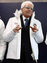 Sergio Mattarella 2026 Winter Olympics Team Italy Jacket Jacket unisex front product view | Dash Racegear — White Sergio Mattarella Team Italy EA7 Emporio Armani ski puffer jacket for Milano Cortina 2026 Winter Olympics.