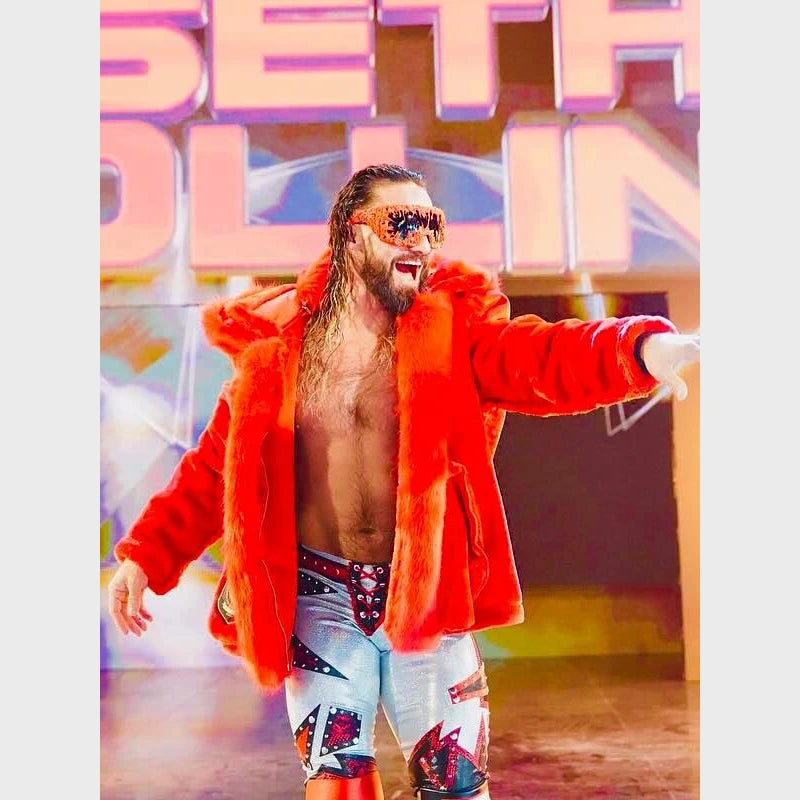 WWE Raw Seth Rollins Red Fur Jacket Jacket unisex front product view | Dash Racegear — Seth Rollins WWE Jacket – Red Fur Power Statement