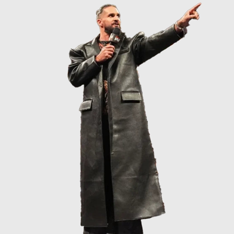 Seth Rollins Monday Night RAW Black Leather Long Coat Coat unisex detail view 4 | Dash Racegear — WWE Monday Night RAW coat styled like Seth Rollins