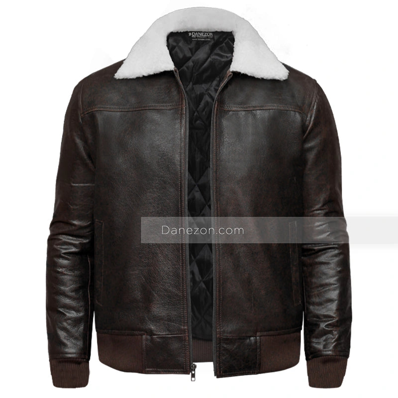 Mens Shearling Collar Brown Bomber Jacket Bomber Jacket men front product view | Dash Racegear — Shearling bomber mens leather jacket