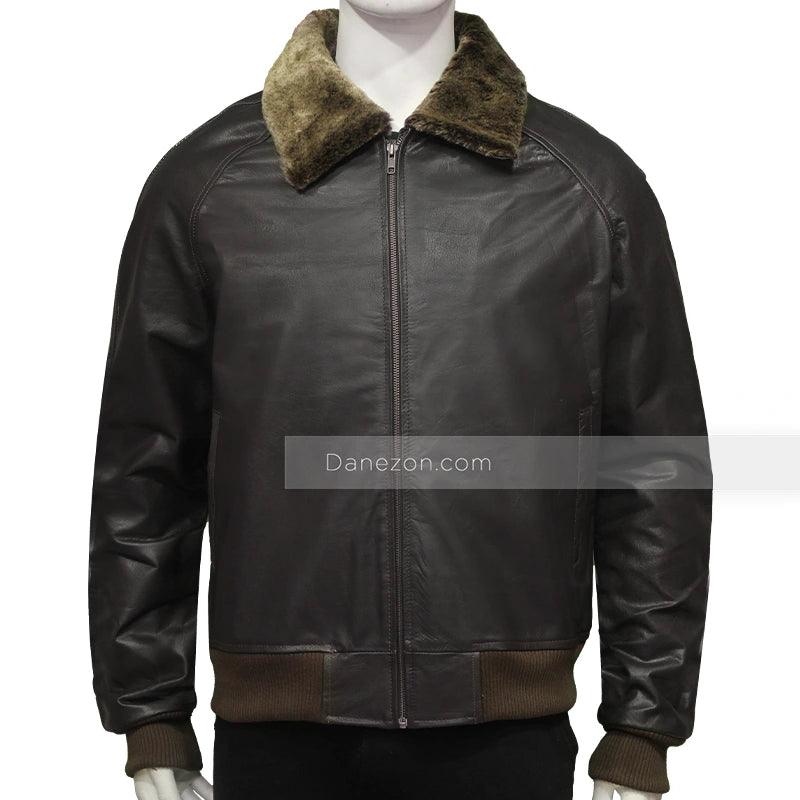 Mens Faux Fur Collar Black Bomber Jacket Bomber Jacket men front product view | Dash Racegear — Shearling Collar Bomber Leather Jacket