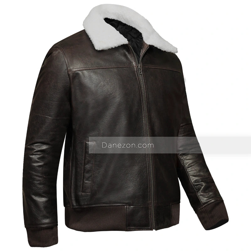 Mens Shearling Collar Brown Bomber Jacket Bomber Jacket men detail view 2 | Dash Racegear — Brown Shearling Collar Mens bomber jacket