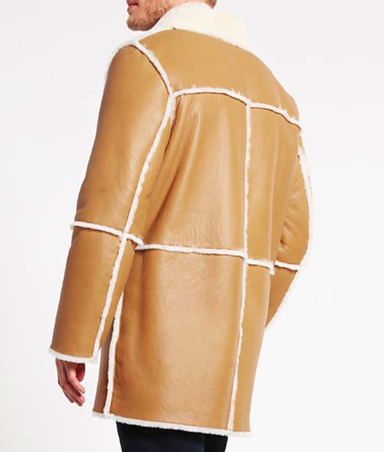 Mens Shearling Tan Brown Leather Car Coat Jacket men detail view 2 | Dash Racegear — Shearling Mens Leather Tan Brown Mid Length Coat