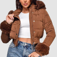Dope Thief Liz Caribel Sierra Brown Fur Quilted Jacket Jacket unisex front product view | Dash Racegear — Liz Caribel Sierra in Dope Thief wearing brown fur-trimmed winter jacket