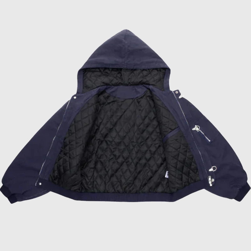 Shinzo Shige 15oz Navy Canvas Clasp Bomber Jacket Bomber Jacket unisex detail view 3 | Dash Racegear — Navy clasp bomber from Shinzo Shige combining structure and streetwear style