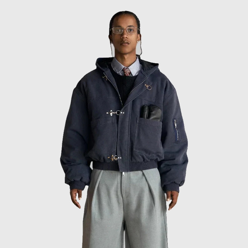 Shinzo Shige 15oz Navy Canvas Clasp Bomber Jacket Bomber Jacket unisex detail view 4 | Dash Racegear — 15oz heavyweight canvas bomber jacket by Shinzo Shige navy edition