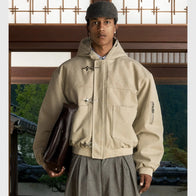 Shinzo Shige 15oz Canvas Clasp Beige Bomber Jacket Bomber Jacket unisex detail view 2 | Dash Racegear — Beige Shinzo Shige bomber made from heavyweight canvas for timeless wear