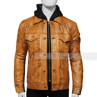 Mens Shirt Style Brown Hooded Leather Jacket Leather Jacket men detail view 2 | Dash Racegear — Mens Shirt Collar Brown Hooded Leather Jacket