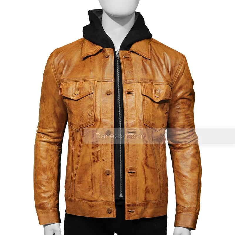 Mens Shirt Style Brown Hooded Leather Jacket Leather Jacket men detail view 2 | Dash Racegear — Mens Shirt Collar Brown Hooded Leather Jacket