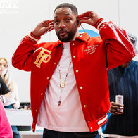 Will Smith Summertime Ball 2025 Red Varsity Jacket Varsity Jacket unisex front product view | Dash Racegear — Limited edition red varsity jacket inspired by Will Smith look