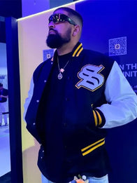 Solflare Varsity Jacket Varsity Jacket unisex front product view | Dash Racegear — Solflare wool varsity jacket in black & white, great for stylish layering and casual looks.