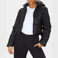 Short Puffer Jacket Black Puffer Jacket unisex front product view | Dash Racegear — Womens Black Short Puffer Jacket