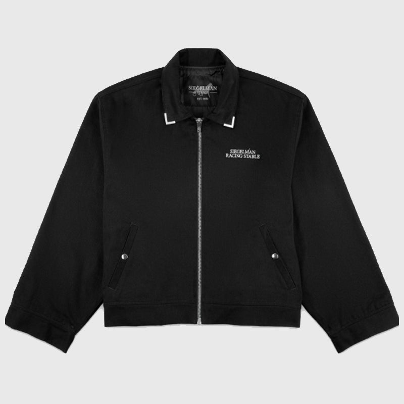 Siegelman Stable Embroidered Coaches Jacket Jacket unisex front product view | Dash Racegear — Siegelman Stable black cotton jacket with button closure and chest logo