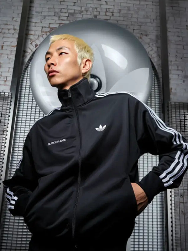 Silence Please x Adidas Firebird Jacket Jacket unisex front product view | Dash Racegear — front view of Silence Please x Adidas Firebird Jacket