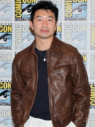 Simu Liu Comic-Con 2026 Leather Jacket Leather Jacket unisex front product view | Dash Racegear — 2026 San Diego Comic-Con Simu Liu Brown Leather Jacket featuring premium craftsmanship and timeless celebrity-inspired everyday style.