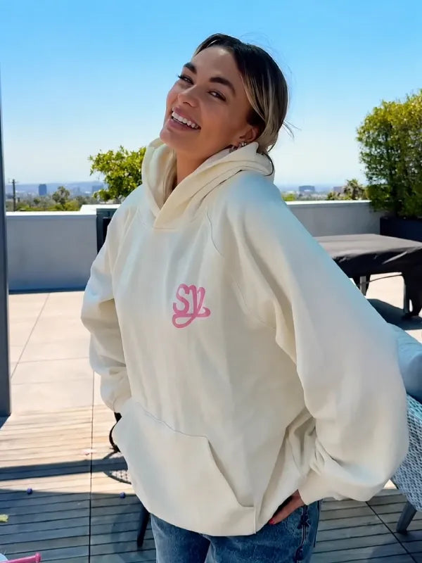 Sincerely Yours Gloss Pocket Hoodie Hoodie unisex front product view | Dash Racegear — Soft cream hoodie designed with a glossy front pocket feature, giving a subtle yet eye-catching modern touch.