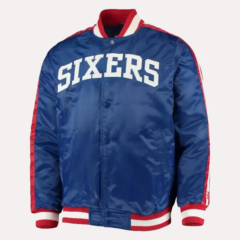 Sixers Starter 76ers Varsity Jacket Varsity Jacket unisex front product view | Dash Racegear — Sixers Starter 76ers Satin Varsity Jacket - Blue