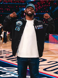 Siya Kolisi All-Star Game Jacket Jacket unisex front product view | Dash Racegear — Black Nike 2026 All‑Star varsity jacket with full snap closure and embroidered graphics for bold fan style.