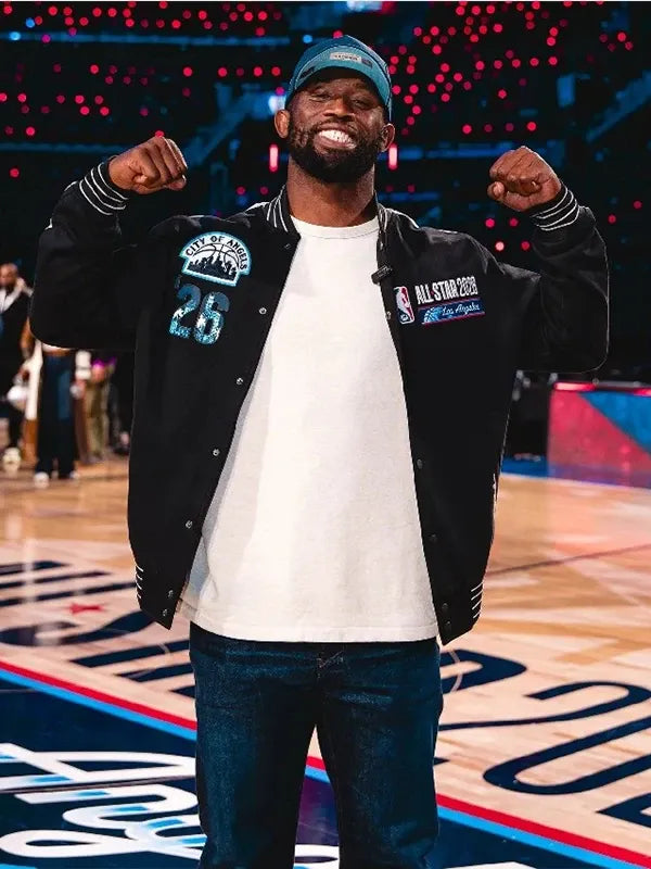 Siya Kolisi All-Star Game Jacket Jacket unisex front product view | Dash Racegear — Black Nike 2026 All‑Star varsity jacket with full snap closure and embroidered graphics for bold fan style.