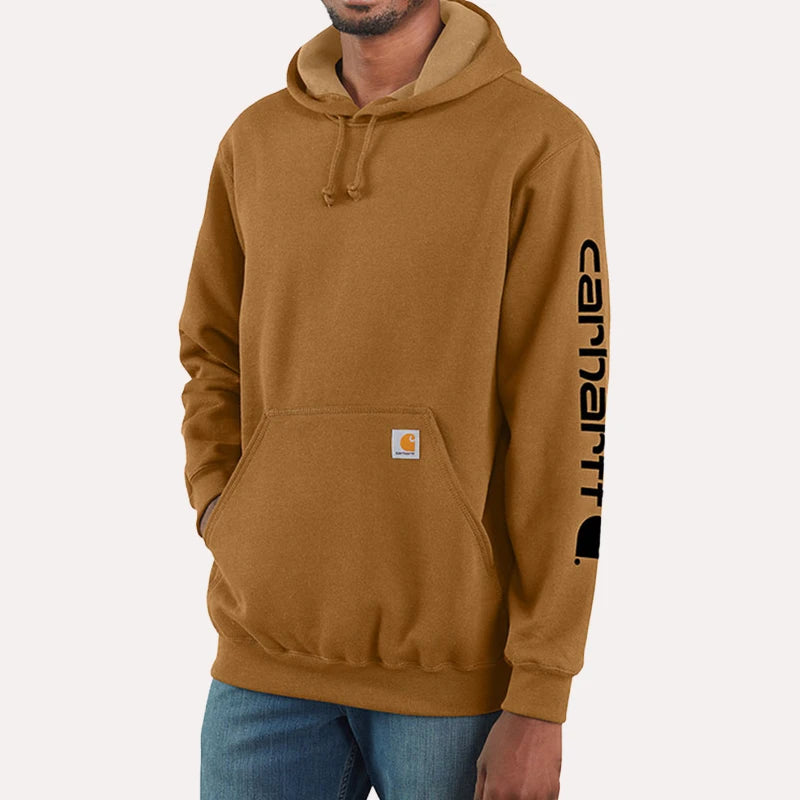 Brown Carhartt Sleeve Logo Hoodie Hoodie unisex front product view | Dash Racegear — Front view of a Carhartt brown fleece hoodie featuring a bold logo printed along the left sleeve.