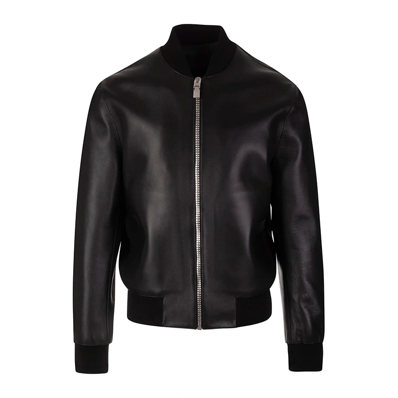 Nancy Black Leather Bomber Jacket Bomber Jacket unisex front product view | Dash Racegear — Women's Black Leather Bomber Jacket