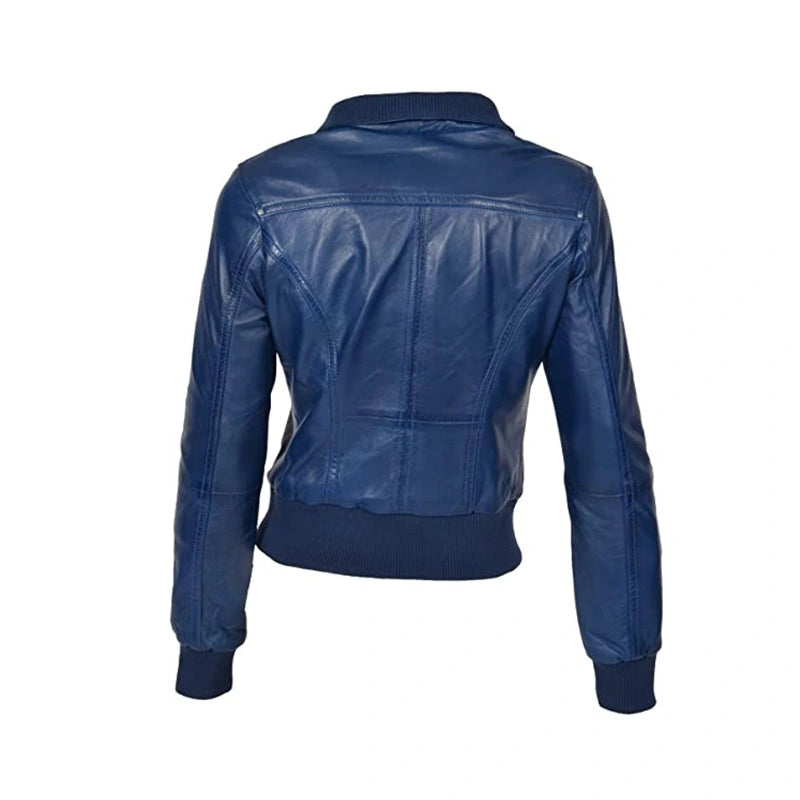 Women’s Blue Bomber Leather Jacket Bomber Jacket women detail view 2 | Dash Racegear — Blue Leather Bomber Jacket