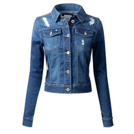Women’s Slim-Fit Damage Blue Denim Jacket Denim Jacket women front product view | Dash Racegear — Women's Slim-Fit Damage Blue Denim Jacket
