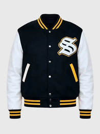 Solflare Varsity Jacket Varsity Jacket unisex detail view 2 | Dash Racegear — Solflare black and white wool varsity jacket, perfect for casual streetwear and layering.