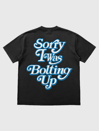 Seen x Chargers Sorry I Was Bolting Up T-Shirt Shirt unisex detail view 3 | Dash Racegear — Chargers inspired Seen collaboration black T-shirt with bold Sorry I Was Bolting Up print