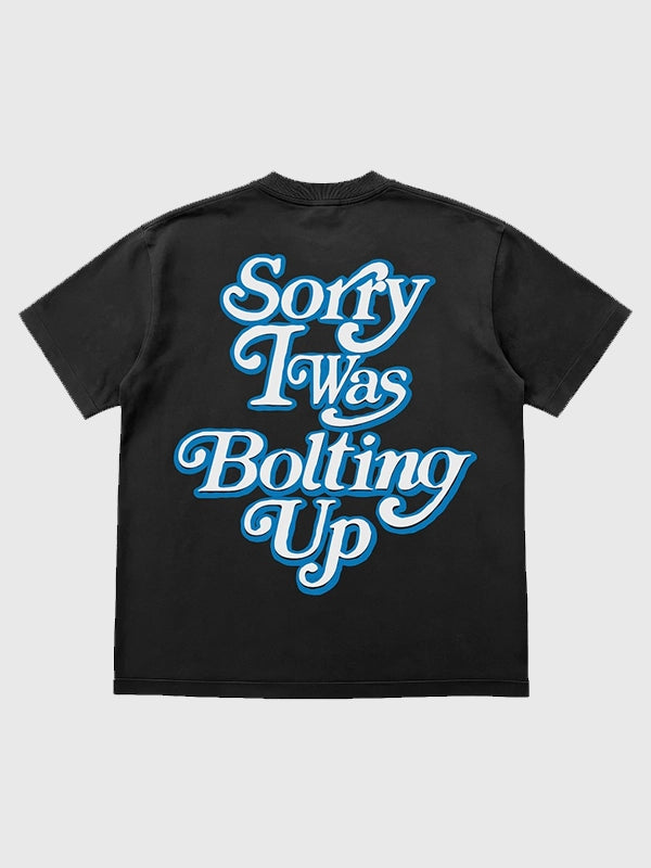 Seen x Chargers Sorry I Was Bolting Up T-Shirt Shirt unisex detail view 3 | Dash Racegear — Chargers inspired Seen collaboration black T-shirt with bold Sorry I Was Bolting Up print