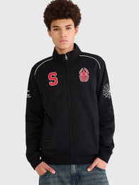 Marvel Aeropostale Spider-Man Track Jacket Jacket unisex front product view | Dash Racegear — Spider-Man 2026 Marvel Aeropostale Zip-Up Black Fleece Track Jacket with a sleek athletic fit and everyday comfort.