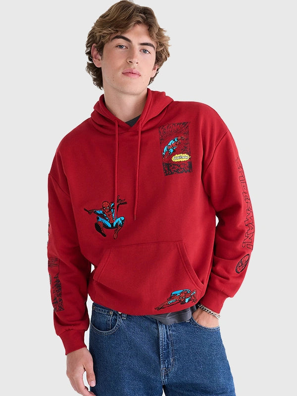 Marvel Aéropostale Spider-Man Comic Boxy Hoodie Hoodie unisex front product view | Dash Racegear — Spider-Man 2026 Marvel Aéropostale Comic Red Boxy Pullover Hoodie with a relaxed oversized fit and bold streetwear style.