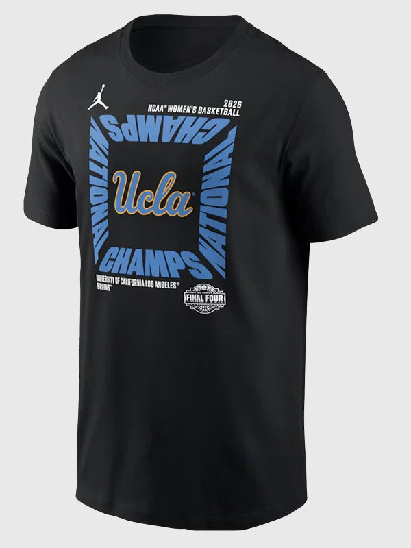 UCLA Bruins NCAA National Champions T-Shirt Shirt unisex front product view | Dash Racegear — UCLA Bruins 2026 NCAA champions black T-shirt by Jordan, perfect for fans and celebrations.
