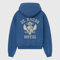 St. Rhude Seal Pullover Hoodie Hoodie unisex detail view 2 | Dash Racegear — Royal blue unisex fleece hoodie with St. Rhude Hotel Seal.