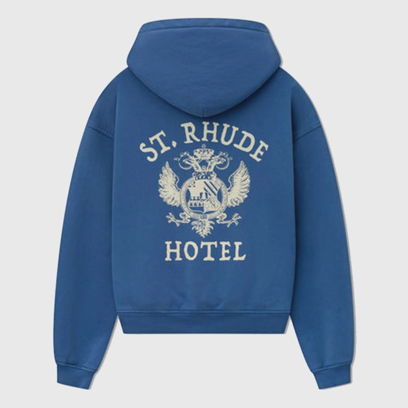 St. Rhude Seal Pullover Hoodie Hoodie unisex detail view 2 | Dash Racegear — Royal blue unisex fleece hoodie with St. Rhude Hotel Seal.